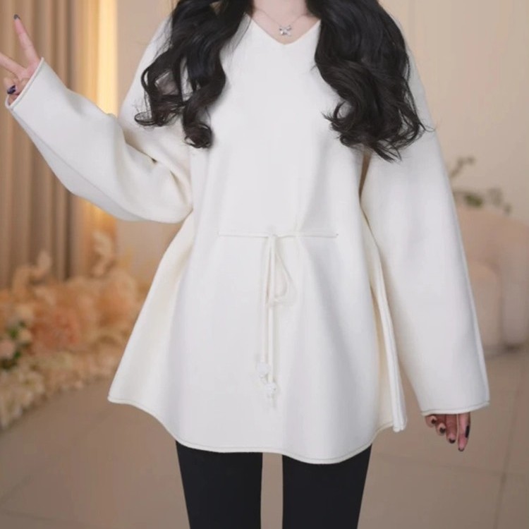 法式温柔风白色V领系带收腰针织衫长袖设计感气质毛衣中长款上衣