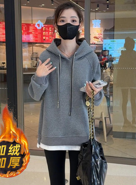 灰色加绒加厚字母刺绣长袖连帽卫衣女2024秋冬季新款百搭遮肚上衣