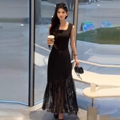 法式 蕾丝拼接吊带鱼尾连衣裙女2025夏季 新款 名媛气质轻奢长裙子潮