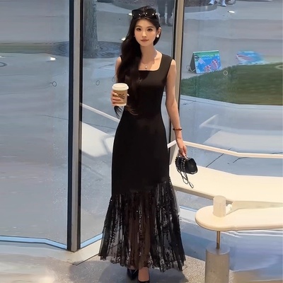 蕾丝拼接吊带鱼尾连衣裙女2025夏季新款法式名媛气质轻奢长裙子潮