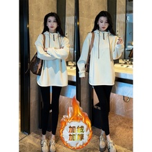 加绒加厚连帽卫衣女冬季小众设计感时尚休闲半拉链百搭中长款上衣