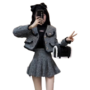 网红气质时尚套装女春秋新款小香风西服短款外套半身百褶裙两件套
