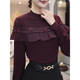 轻奢酒红色荷叶边袖针织衫女秋冬高级感气质毛衣上衣洋气打底衫