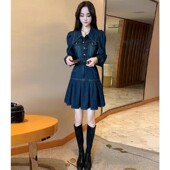 2025新款 美式 复古牛仔连衣裙女春季 设计感小众收腰气质百褶短裙子