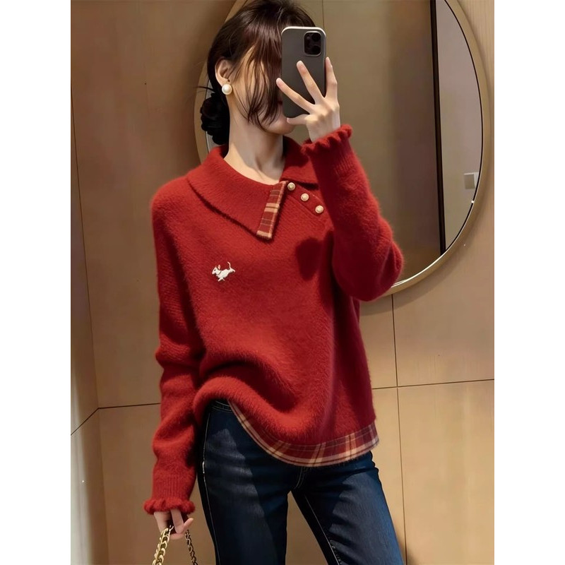 冬季2026年新款温柔氛围感格纹拼接翻领毛衣女新年红色长袖针织衫,女装/女士精品,毛针织衫,淘宝优惠券,粉丝福利购,淘宝优惠卷