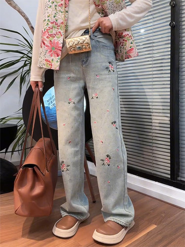 新中式国风刺绣直筒牛仔裤女夏季
