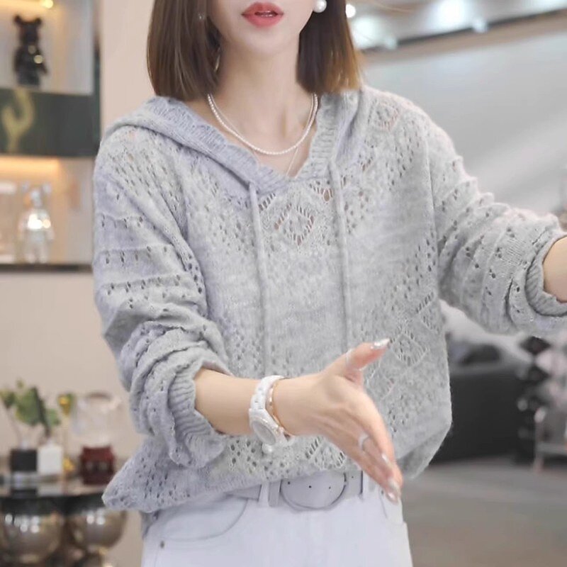 灰色高级感连帽针织衫女士2025春季新款时尚气质重工长袖毛衣帽衫图片