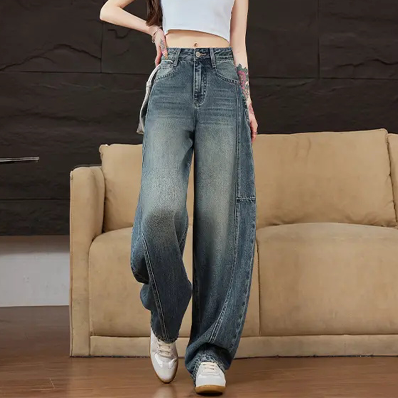复古时尚阔腿牛仔裤女2025秋季新款美式高腰宽松显瘦直筒拖地裤子