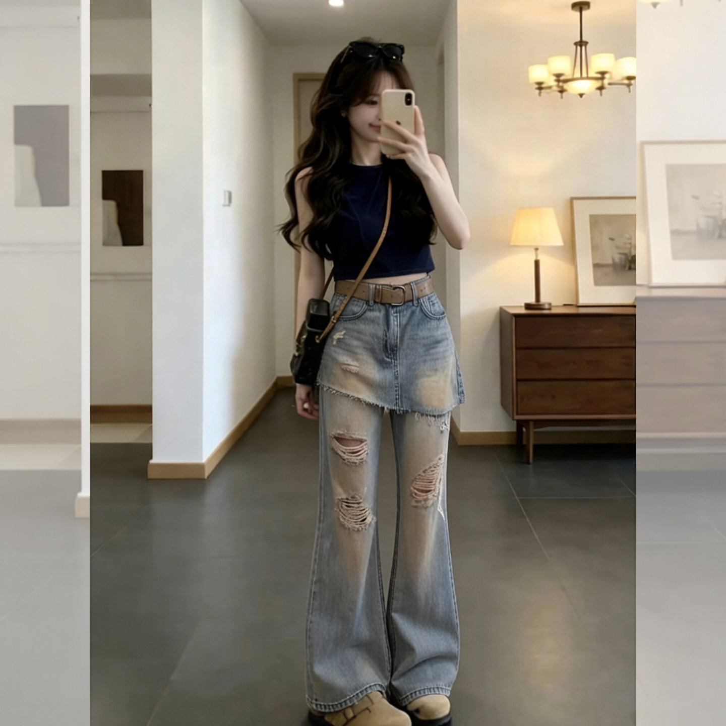 夏季假两件屁帘破洞微喇牛仔裤女图片