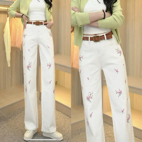 显瘦设计感白色窄版直筒牛仔裤