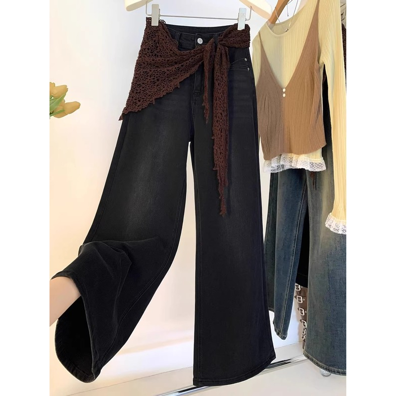 黑色屁帘微喇牛仔阔腿裤女秋装2025新款巨好看高级感垂感直筒长裤