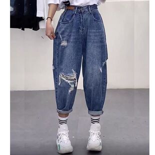 破洞牛仔裤女潮ins网红复古宽松高腰显瘦夏季新款哈伦老爹九分裤