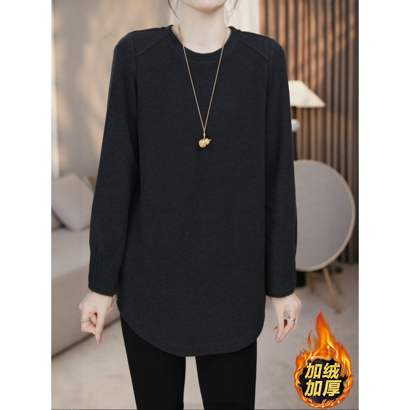 大码女装双面德绒中长款长袖打底衫秋冬胖mm显瘦宽松保暖内搭上衣