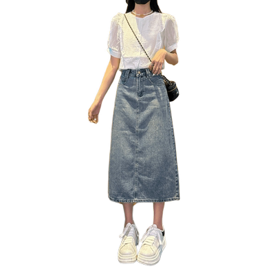 设计感开叉小个子夏季牛仔半身裙女中长款显瘦宽松高腰A字包臀裙
