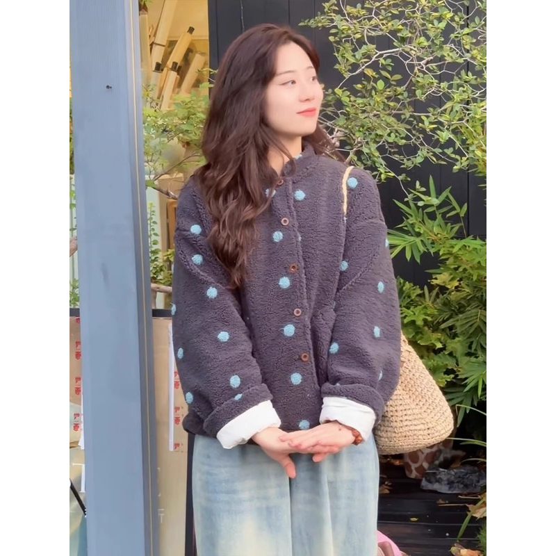 复古撞色波点韩系立领开衫上衣女装2025秋冬新款宽松显瘦百搭外套