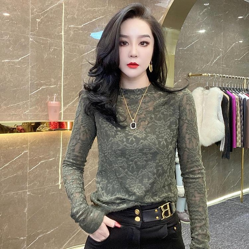 网红镂空蕾丝衫磨毛半高领修身显瘦长袖上衣女秋季新款内搭小衫潮
