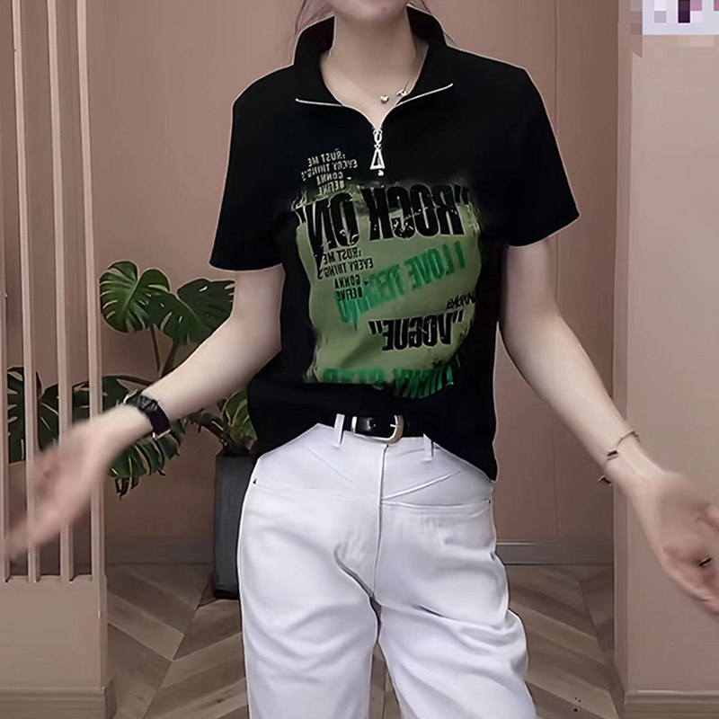 夏季时尚打底小衫百搭显瘦纯棉短袖休闲T恤半拉链女士减龄上衣女图片