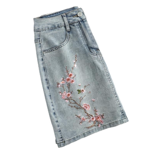 刺绣牛仔短裙女夏薄2024夏季新款洋气百搭高腰显瘦遮跨a字半身裙
