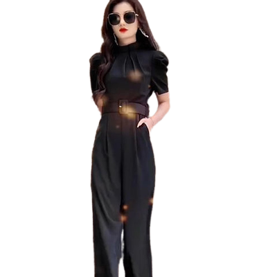 网红气质时尚女夏季新款短袖连衣裤洋气显瘦纯色收腰阔腿裤连体裤