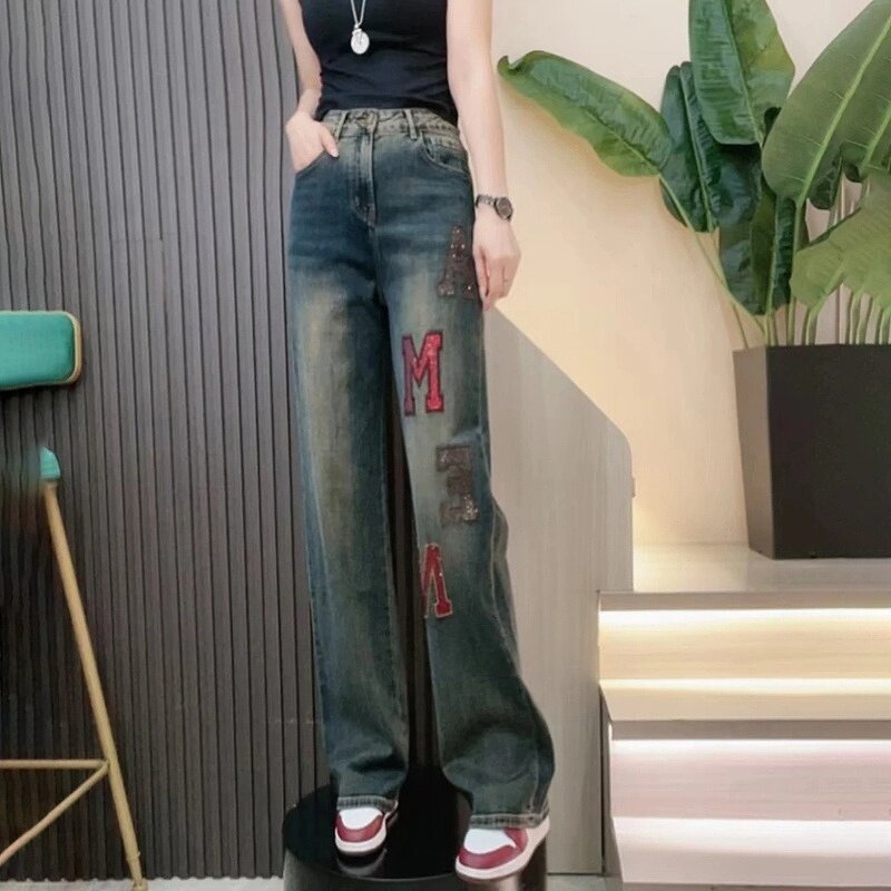重工字母刺绣港风时尚减龄直筒阔腿牛仔裤女2024秋季新款显瘦百搭图片