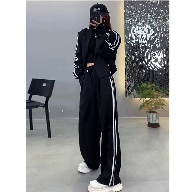2024春秋新款运动休闲时尚套装女西服外套高腰显瘦阔腿裤两件套
