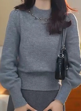 灰色手工绣珠设计气质休闲百搭圆领保暖长袖针织衫2024秋冬季新款