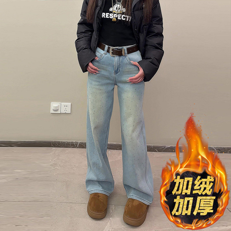 满天星烫钻窄版阔腿牛仔裤女2026春季新款加绒蓝色修身显瘦直筒裤,女装/女士精品,牛仔裤,淘宝优惠券,粉丝福利购,淘宝优惠卷