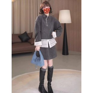 巨好看冬装 一整套裙韩系慵懒风蕾丝拼接加厚毛呢卫衣半身裙两件套