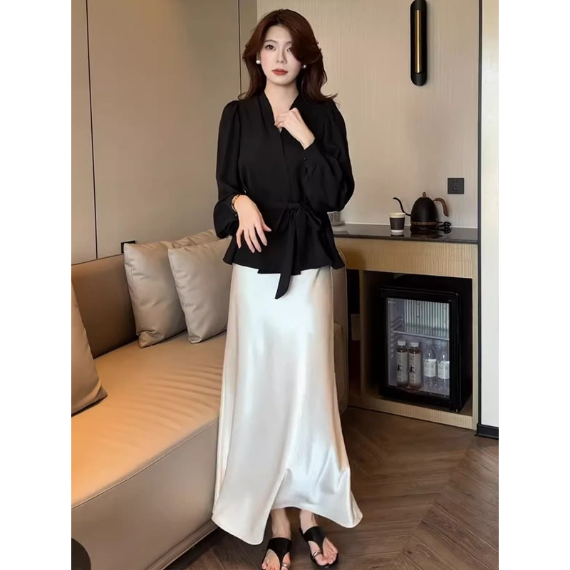 时尚套装女2025秋季新款洋气显瘦收腰长袖衬衫半身裙减龄两件套潮