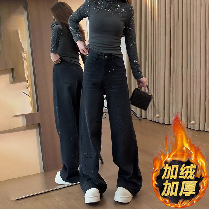 黑灰色细闪烫钻阔腿牛仔裤女加绒春季新款高腰显瘦宽松垂感直筒裤,女装/女士精品,牛仔裤,淘宝优惠券,粉丝福利购,淘宝优惠卷