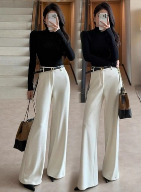 韩系轻奢高级感白色毛呢阔腿裤女冬季高腰显瘦加厚休闲西装直筒裤
