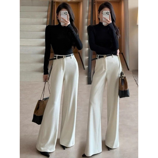 韩系轻奢高级感白色毛呢阔腿裤女冬季高腰显瘦加厚休闲西装直筒裤