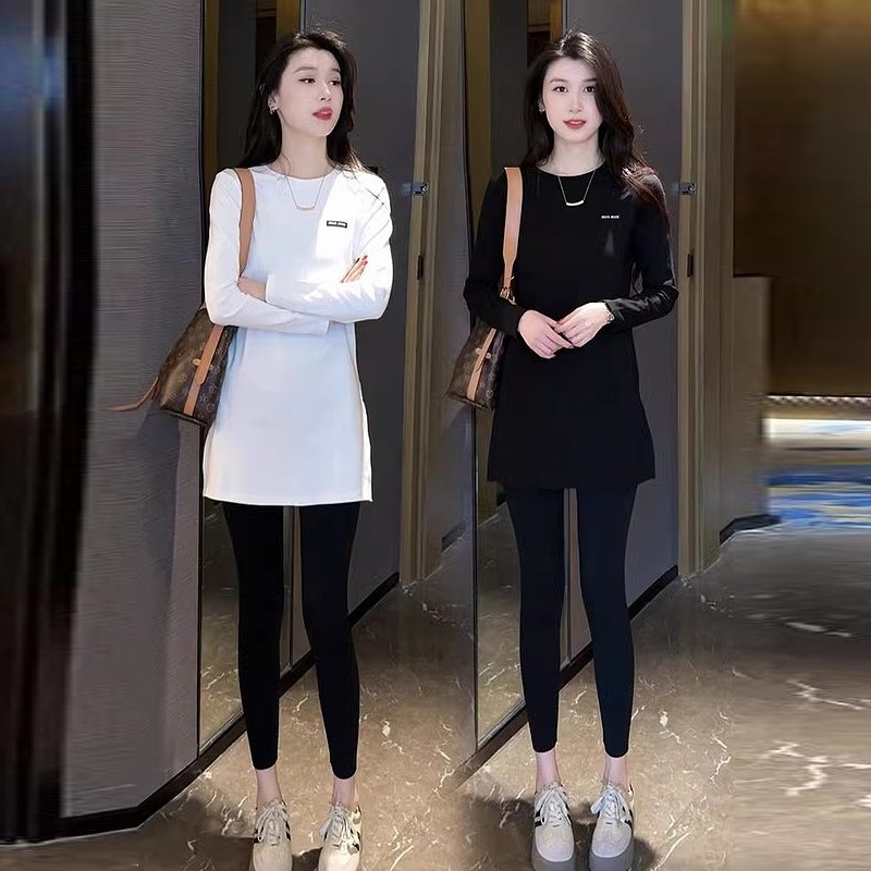 网红春季新款欧货时尚显瘦百搭圆领俩侧开衩中长减龄衫休闲长袖女