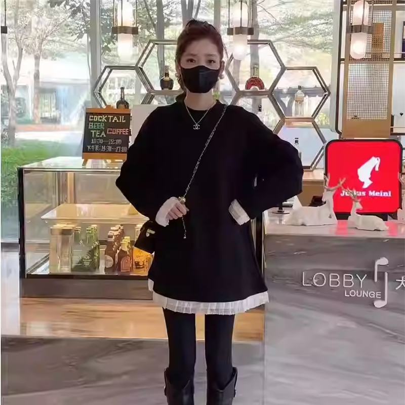中长款黑色蕾丝拼接打底衫内搭女春季2025新款遮屁股上衣洋气女士