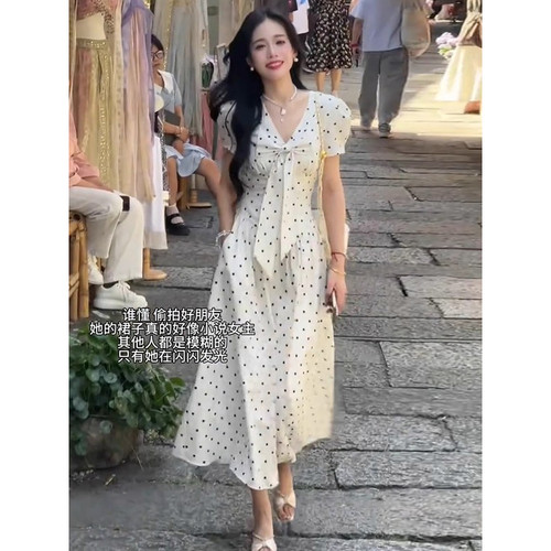 法式气质波点蝴蝶结连衣裙女装2025夏季新款通勤显瘦绝美收腰长裙