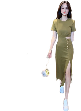 网红气质时尚中长款连衣裙女夏短袖洋气侧漏洞性感显瘦开叉包臀裙