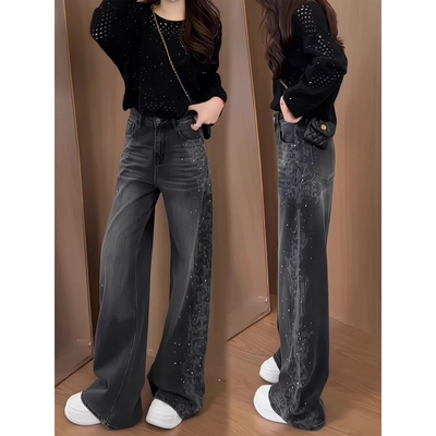 黑灰色重工烫钻阔腿牛仔裤女2025秋季新款高级感满天星直筒拖地裤