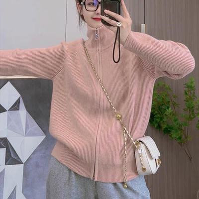 半高领拉链慵懒风毛衣外套女秋冬季2024年新款设计感针织开衫上衣