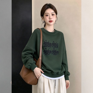 墨绿色圆领套头宽松印花卫衣女2026新款秋季设计感松弛感穿搭上衣