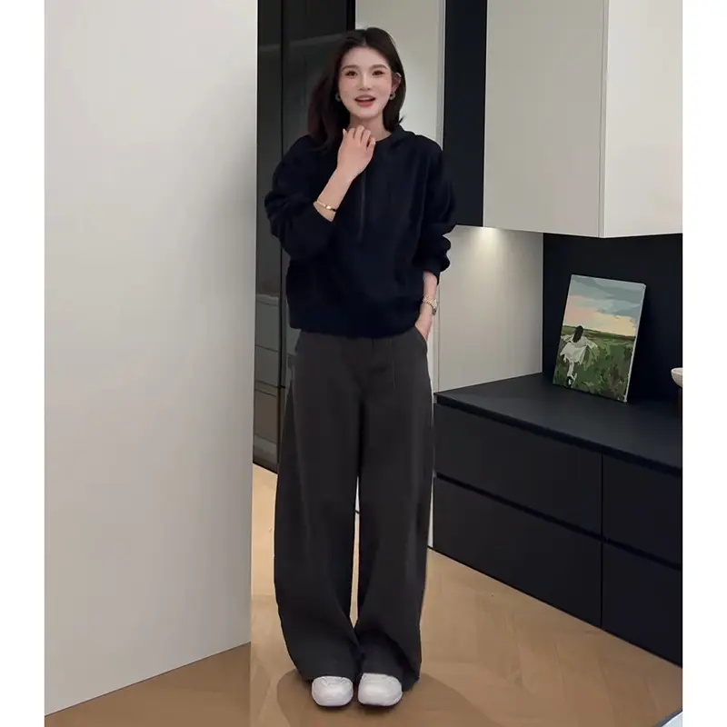 2025秋冬时尚气质宽松半开领卫衣高腰阔腿裤盐系简约百搭两件套潮