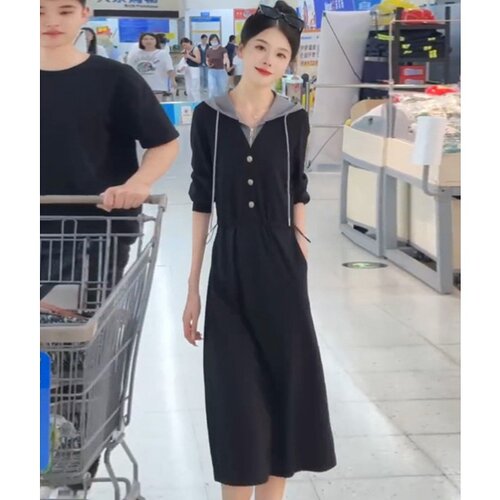 秋季新款女装假两件拼接连帽长袖连衣裙女休闲气质收腰显瘦中长裙