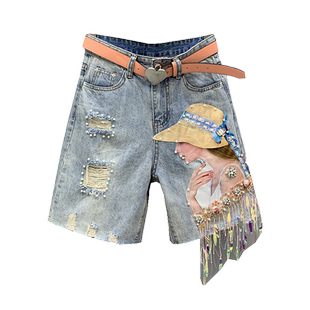 重工美女贴图流苏亮片钉珠破洞五分牛仔短裤女洋气减龄直筒中裤潮