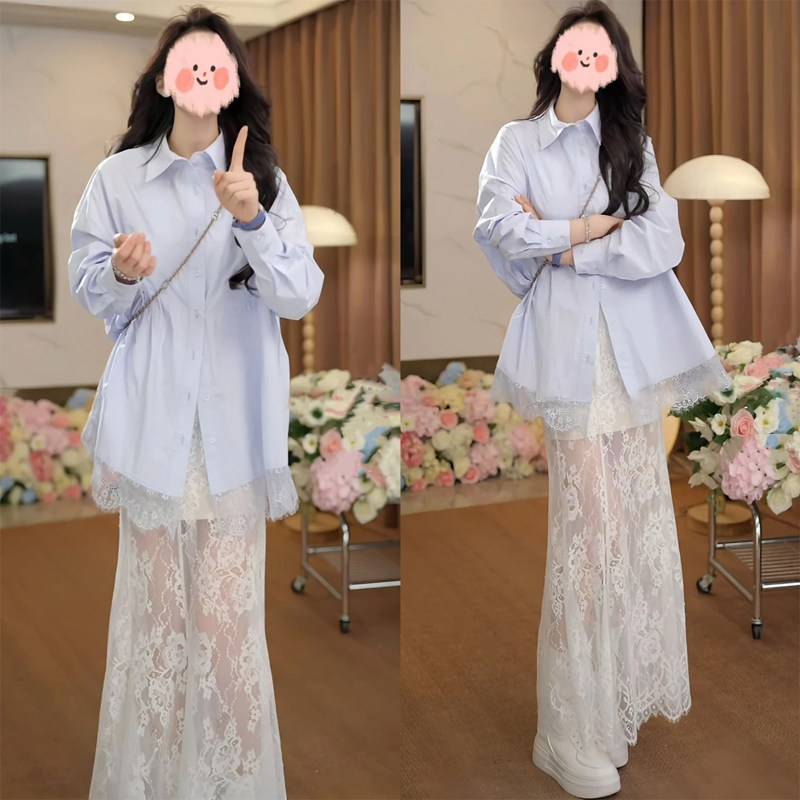 2025春季新款时尚洋气蕾丝拼接衬衫+蕾丝半身裙两件套炸街套装女