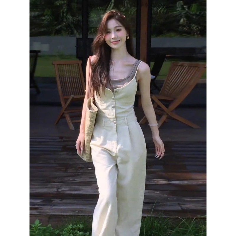 韩版气质通勤单排扣吊带连体裤女装2025夏季新款通勤阔腿背带长裤