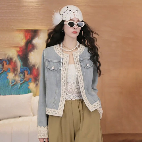 高级感花边拼接牛仔衬衣女2025春季韩版新款圆领长袖上衣宽松衬衫