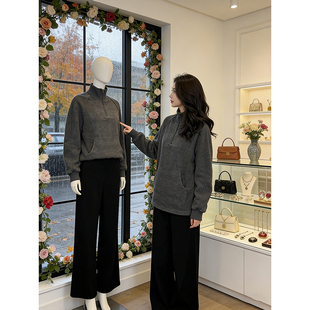 宽松中长款 灰色立领加绒卫衣女新款 洋气美式 爆款 打底上衣 2025冬季