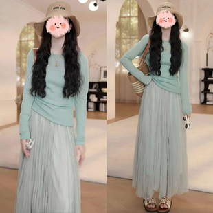 2025春季修身显瘦防晒长袖罩衫针织上衣网纱半身套装温柔知性衣服