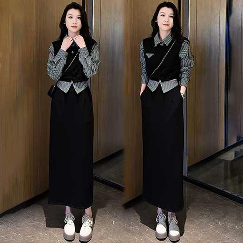 2024秋季新款假两件上衣显瘦半身裙套装时尚洋气休闲百搭两件套女