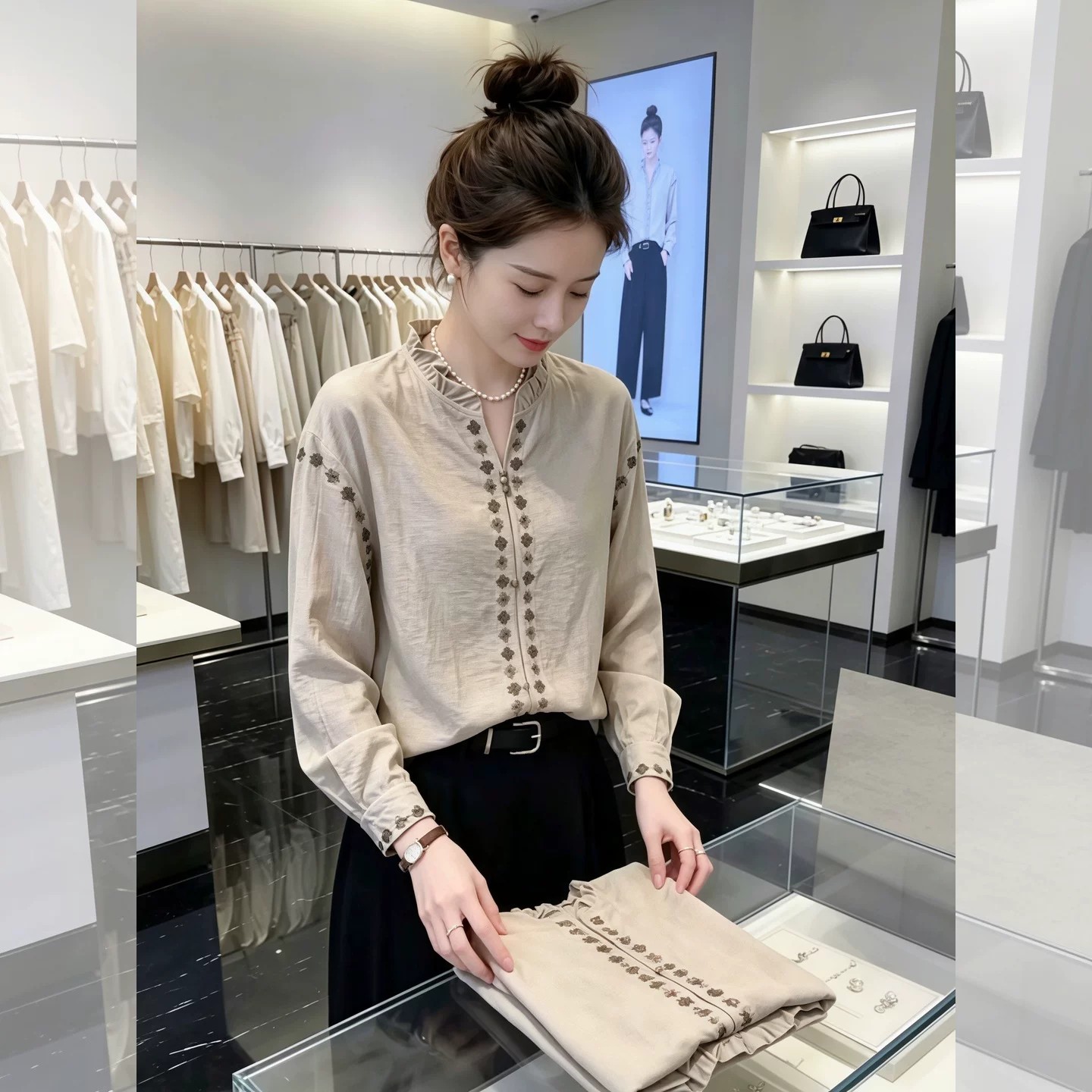 宽松刺绣卡其色立领衬衣衬衫图片