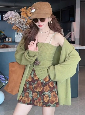 法式温柔橙色长袖针织开衫秋装新款毛衣外套高级气质半身裙三件套